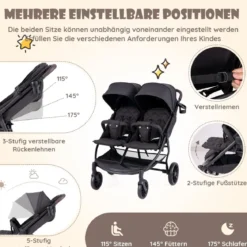 Geschwisterwagen klappbar Zwillingswagen mit verstellbarer Rückenlehne Tragbarer Zwillingsbuggy Dunkelgrau