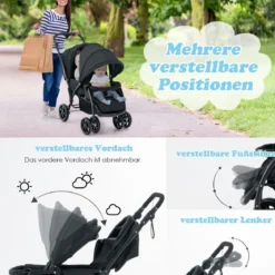 Geschwisterwagen klappbar Zwillingswagen mit verstellbarer Rückenlehne & Verdeck 30 kg Belastbar Schwarz/Grau/Blau