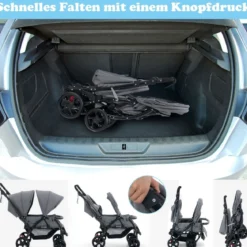 Geschwisterwagen klappbar Zwillingswagen mit verstellbarer Rückenlehne & Verdeck 30 kg Belastbar Schwarz/Grau/Blau