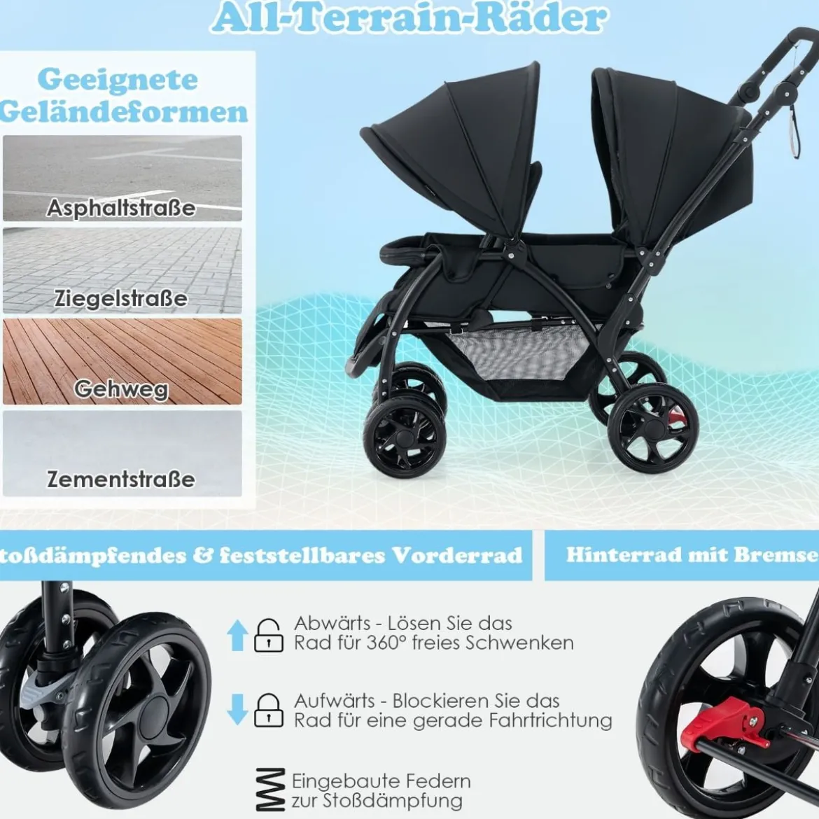Geschwisterwagen klappbar Zwillingswagen mit verstellbarer Rückenlehne & Verdeck 30 kg Belastbar Schwarz/Grau/Blau