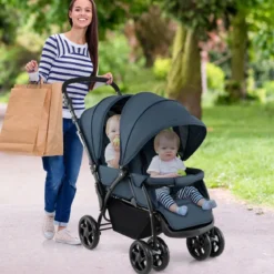 Geschwisterwagen klappbar Zwillingswagen mit verstellbarer Rückenlehne & Verdeck 30 kg Belastbar Schwarz/Grau/Blau