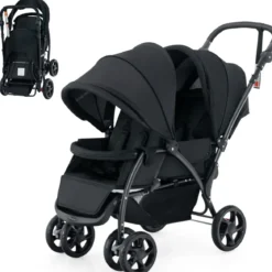Geschwisterwagen klappbar Zwillingswagen mit verstellbarer Rückenlehne & Verdeck 30 kg Belastbar Schwarz/Grau/Blau