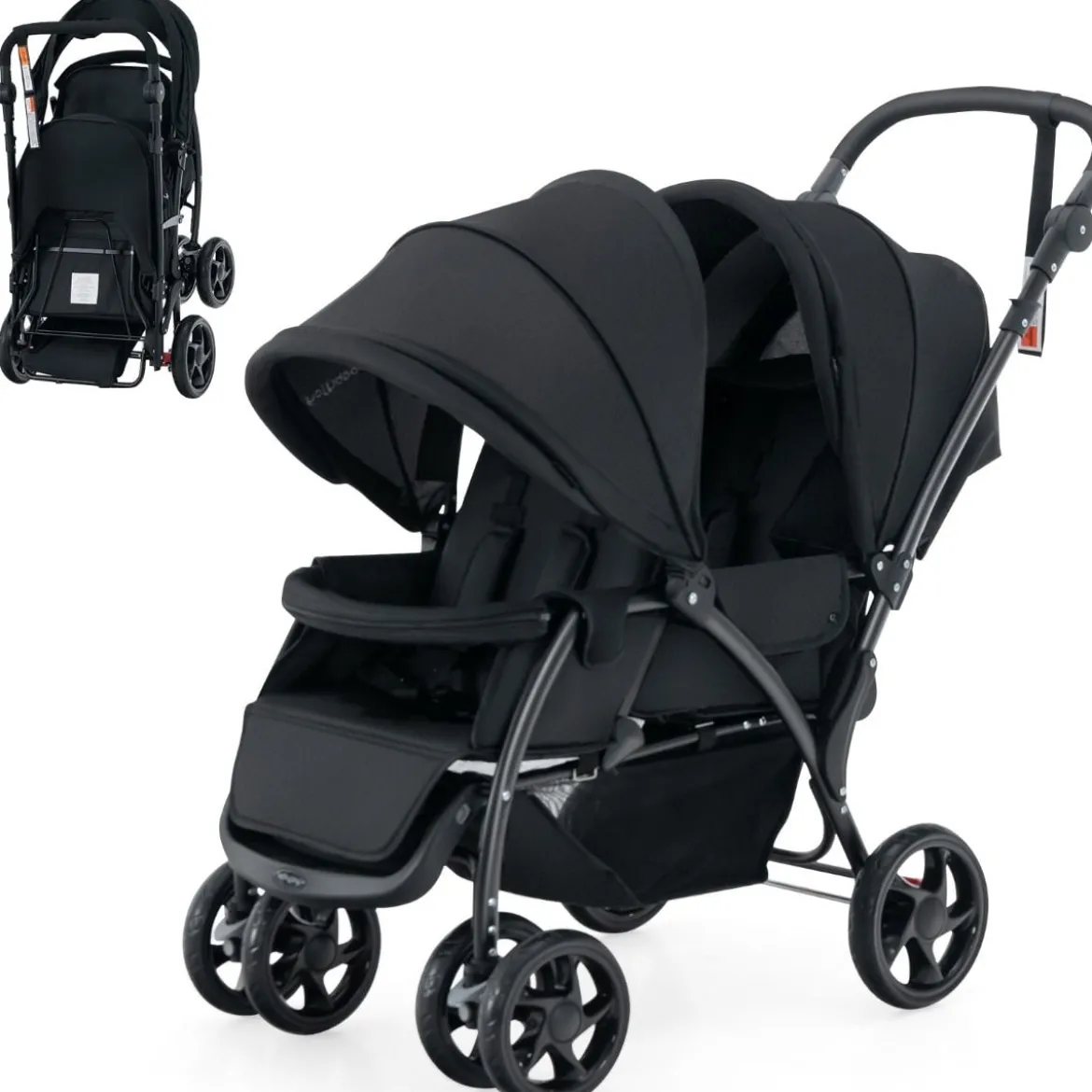 Geschwisterwagen klappbar Zwillingswagen mit verstellbarer Rückenlehne & Verdeck 30 kg Belastbar Schwarz/Grau/Blau