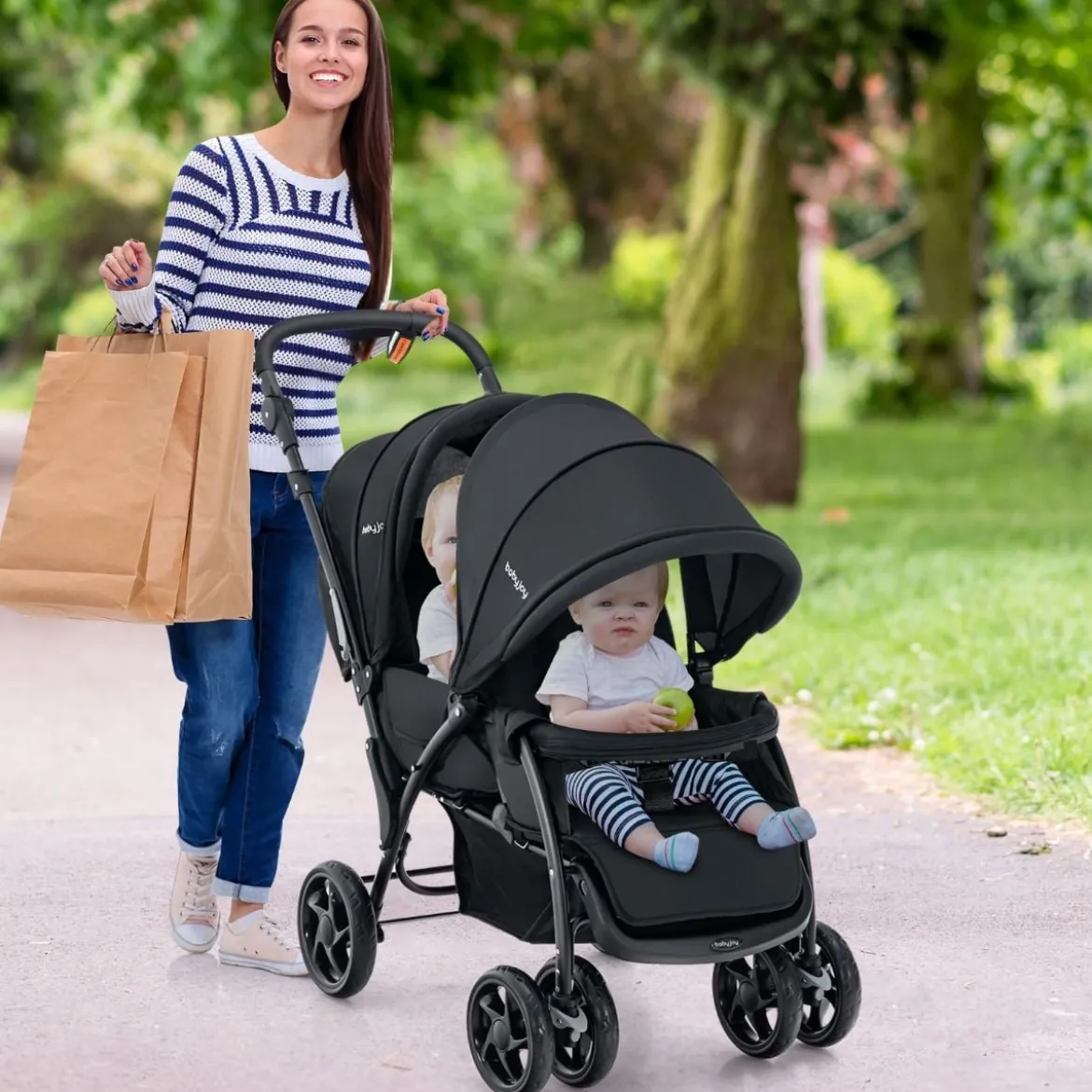 Geschwisterwagen klappbar Zwillingswagen mit verstellbarer Rückenlehne & Verdeck 30 kg Belastbar Schwarz/Grau/Blau