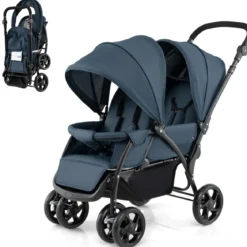 Geschwisterwagen klappbar Zwillingswagen mit verstellbarer Rückenlehne & Verdeck 30 kg Belastbar Schwarz/Grau/Blau