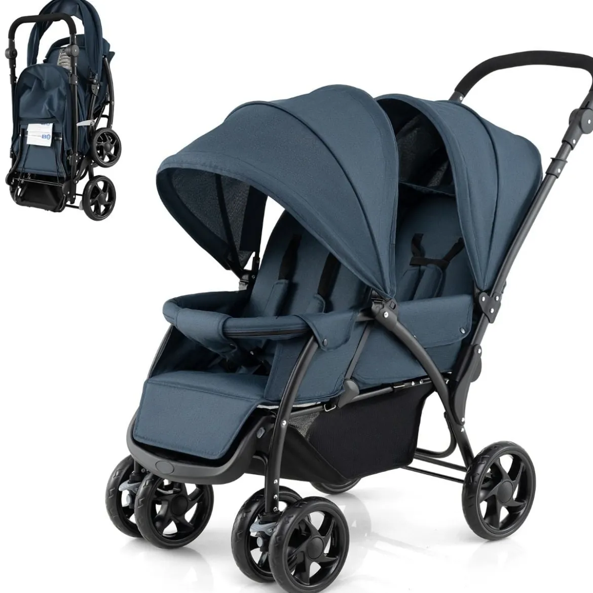 Geschwisterwagen klappbar Zwillingswagen mit verstellbarer Rückenlehne & Verdeck 30 kg Belastbar Schwarz/Grau/Blau