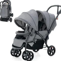 Geschwisterwagen klappbar Zwillingswagen mit verstellbarer Rückenlehne & Verdeck 30 kg Belastbar Schwarz/Grau/Blau