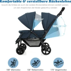 Geschwisterwagen klappbar Zwillingswagen mit verstellbarer Rückenlehne & Verdeck 30 kg Belastbar Schwarz/Grau/Blau
