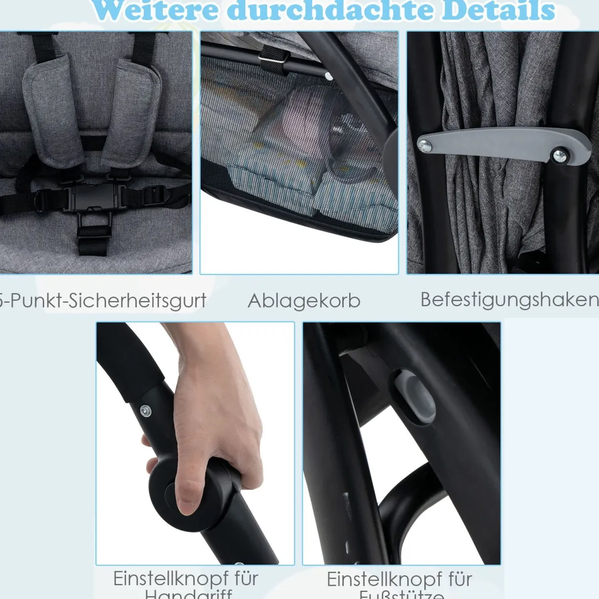 Geschwisterwagen klappbar Zwillingswagen mit verstellbarer Rückenlehne & Verdeck 30 kg Belastbar Schwarz/Grau/Blau