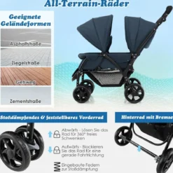 Geschwisterwagen klappbar Zwillingswagen mit verstellbarer Rückenlehne & Verdeck 30 kg Belastbar Schwarz/Grau/Blau
