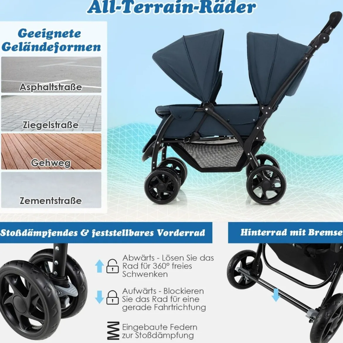 Geschwisterwagen klappbar Zwillingswagen mit verstellbarer Rückenlehne & Verdeck 30 kg Belastbar Schwarz/Grau/Blau