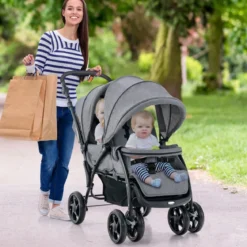 Geschwisterwagen klappbar Zwillingswagen mit verstellbarer Rückenlehne & Verdeck 30 kg Belastbar Schwarz/Grau/Blau