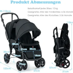 Geschwisterwagen klappbar Zwillingswagen mit verstellbarer Rückenlehne & Verdeck 30 kg Belastbar Schwarz/Grau/Blau