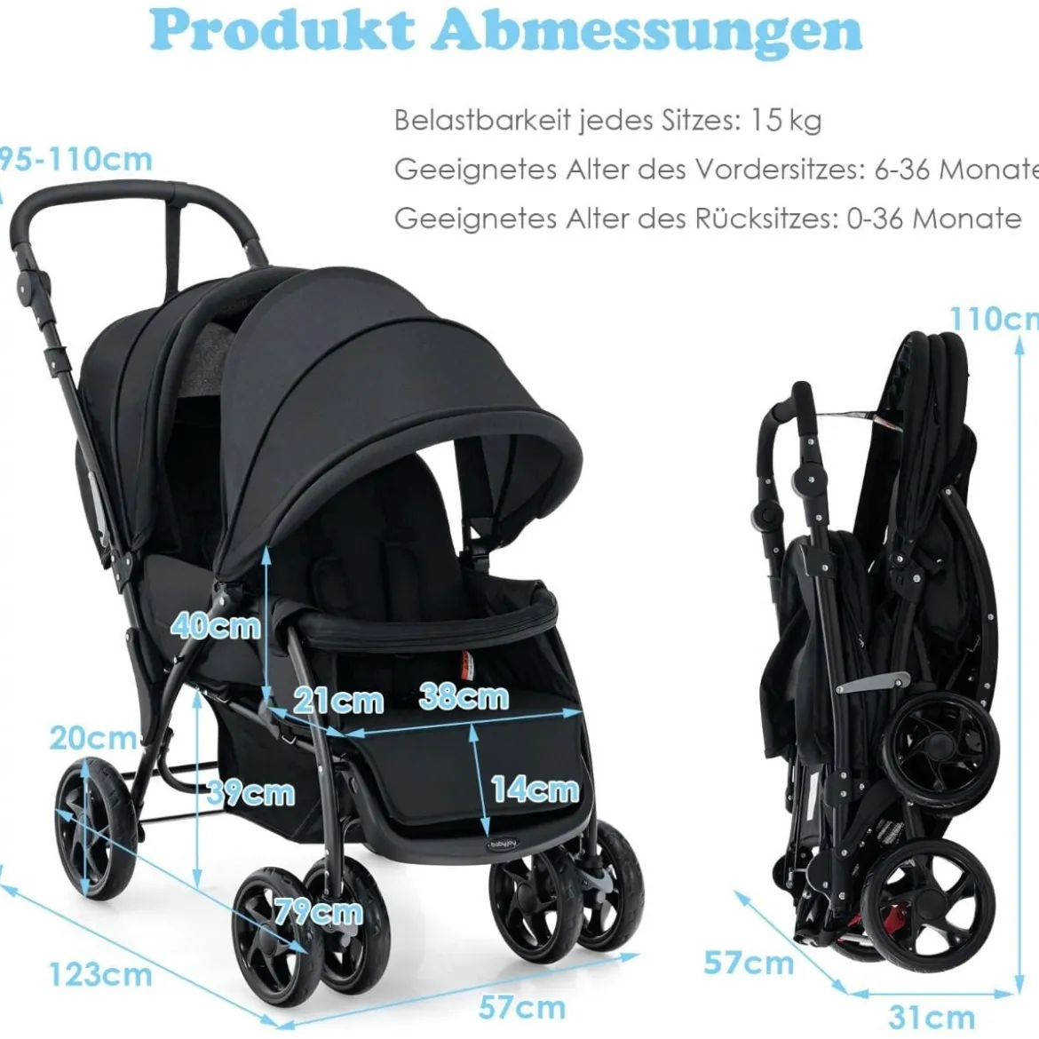 Geschwisterwagen klappbar Zwillingswagen mit verstellbarer Rückenlehne & Verdeck 30 kg Belastbar Schwarz/Grau/Blau