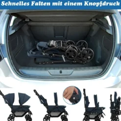 Geschwisterwagen klappbar Zwillingswagen mit verstellbarer Rückenlehne & Verdeck 30 kg Belastbar Schwarz/Grau/Blau