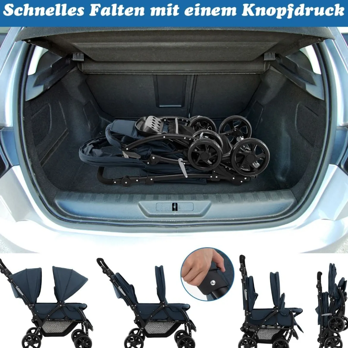 Geschwisterwagen klappbar Zwillingswagen mit verstellbarer Rückenlehne & Verdeck 30 kg Belastbar Schwarz/Grau/Blau