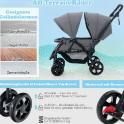 Geschwisterwagen klappbar Zwillingswagen mit verstellbarer Rückenlehne & Verdeck 30 kg Belastbar Schwarz/Grau/Blau