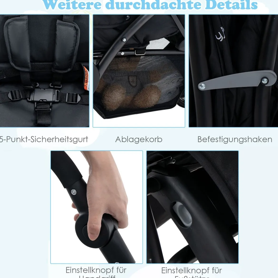 Geschwisterwagen klappbar Zwillingswagen mit verstellbarer Rückenlehne & Verdeck 30 kg Belastbar Schwarz/Grau/Blau