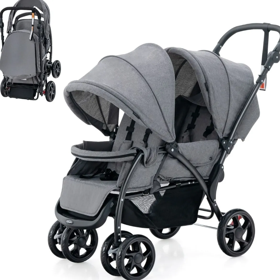 Geschwisterwagen klappbar Zwillingswagen mit verstellbarer Rückenlehne & Verdeck 30 kg Belastbar Schwarz/Grau/Blau