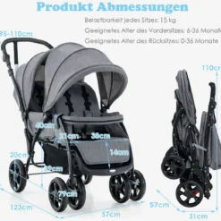Geschwisterwagen klappbar Zwillingswagen mit verstellbarer Rückenlehne & Verdeck 30 kg Belastbar Schwarz/Grau/Blau