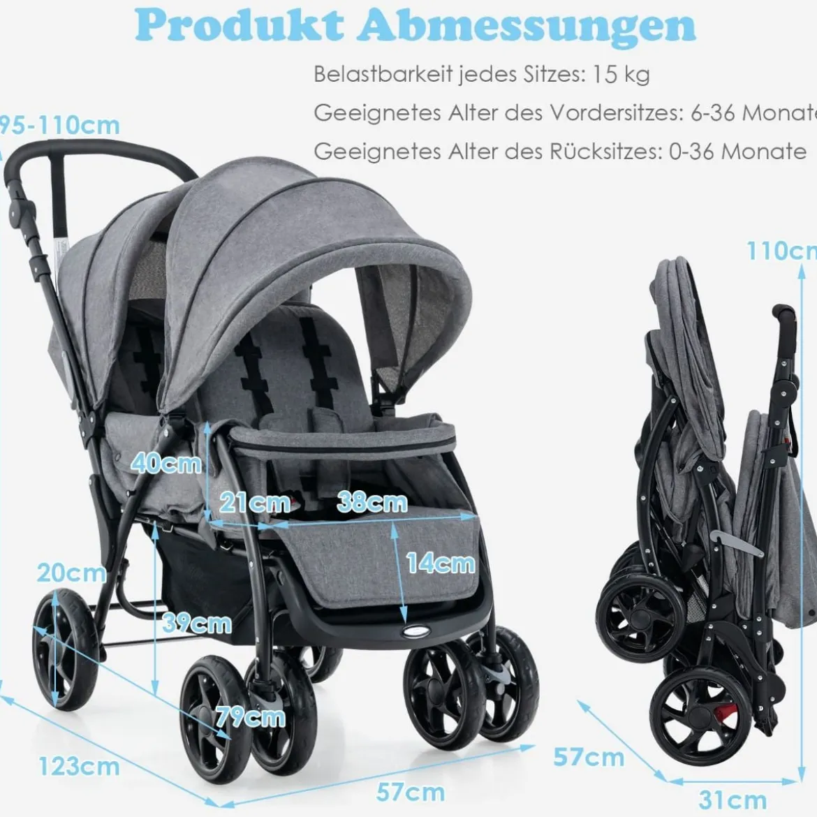 Geschwisterwagen klappbar Zwillingswagen mit verstellbarer Rückenlehne & Verdeck 30 kg Belastbar Schwarz/Grau/Blau