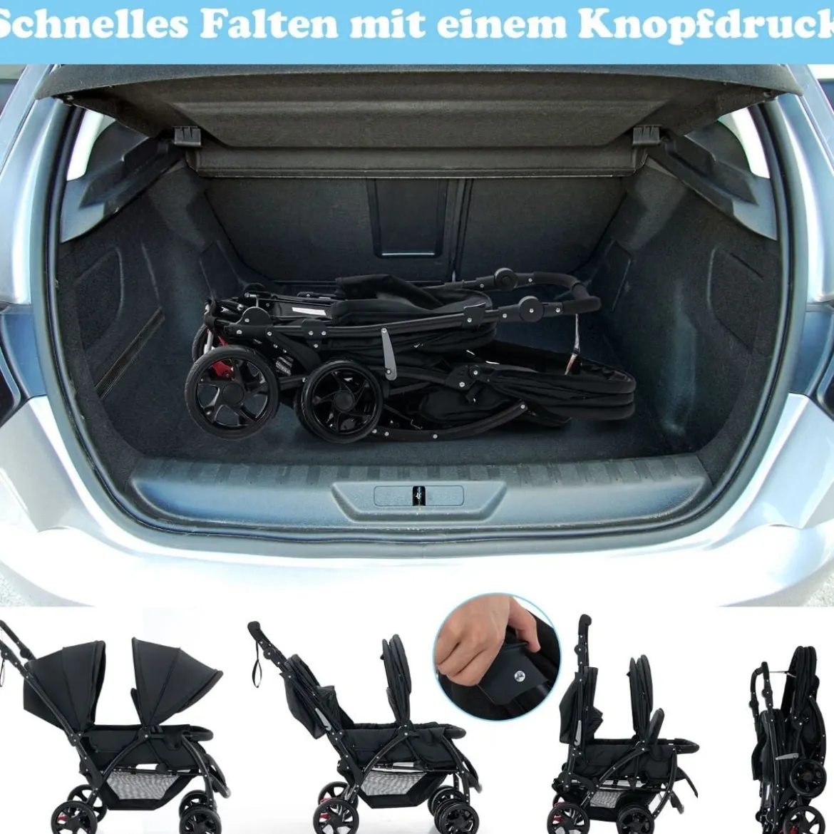 Geschwisterwagen klappbar Zwillingswagen mit verstellbarer Rückenlehne & Verdeck 30 kg Belastbar Schwarz/Grau/Blau