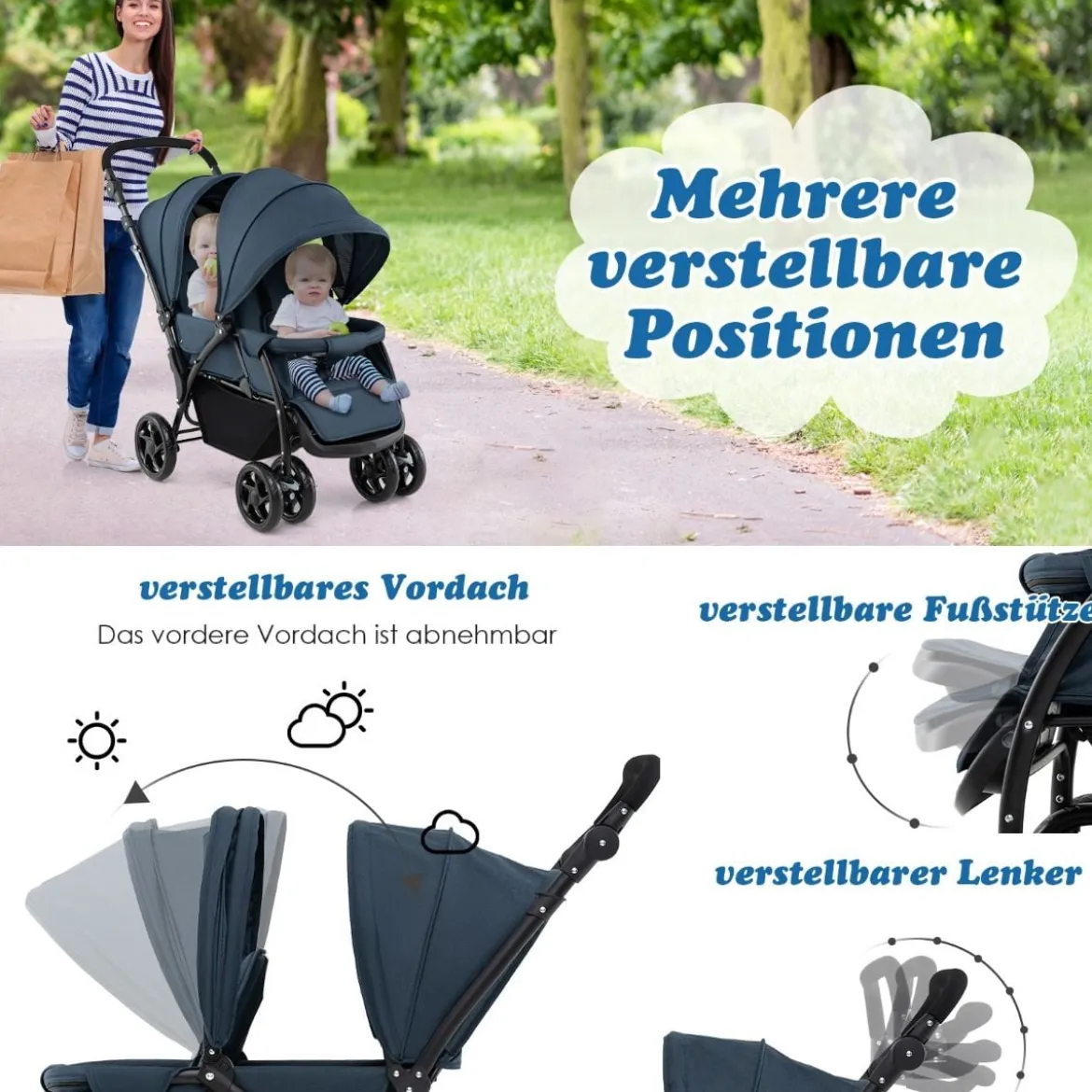 Geschwisterwagen klappbar Zwillingswagen mit verstellbarer Rückenlehne & Verdeck 30 kg Belastbar Schwarz/Grau/Blau