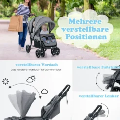 Geschwisterwagen klappbar Zwillingswagen mit verstellbarer Rückenlehne & Verdeck 30 kg Belastbar Schwarz/Grau/Blau