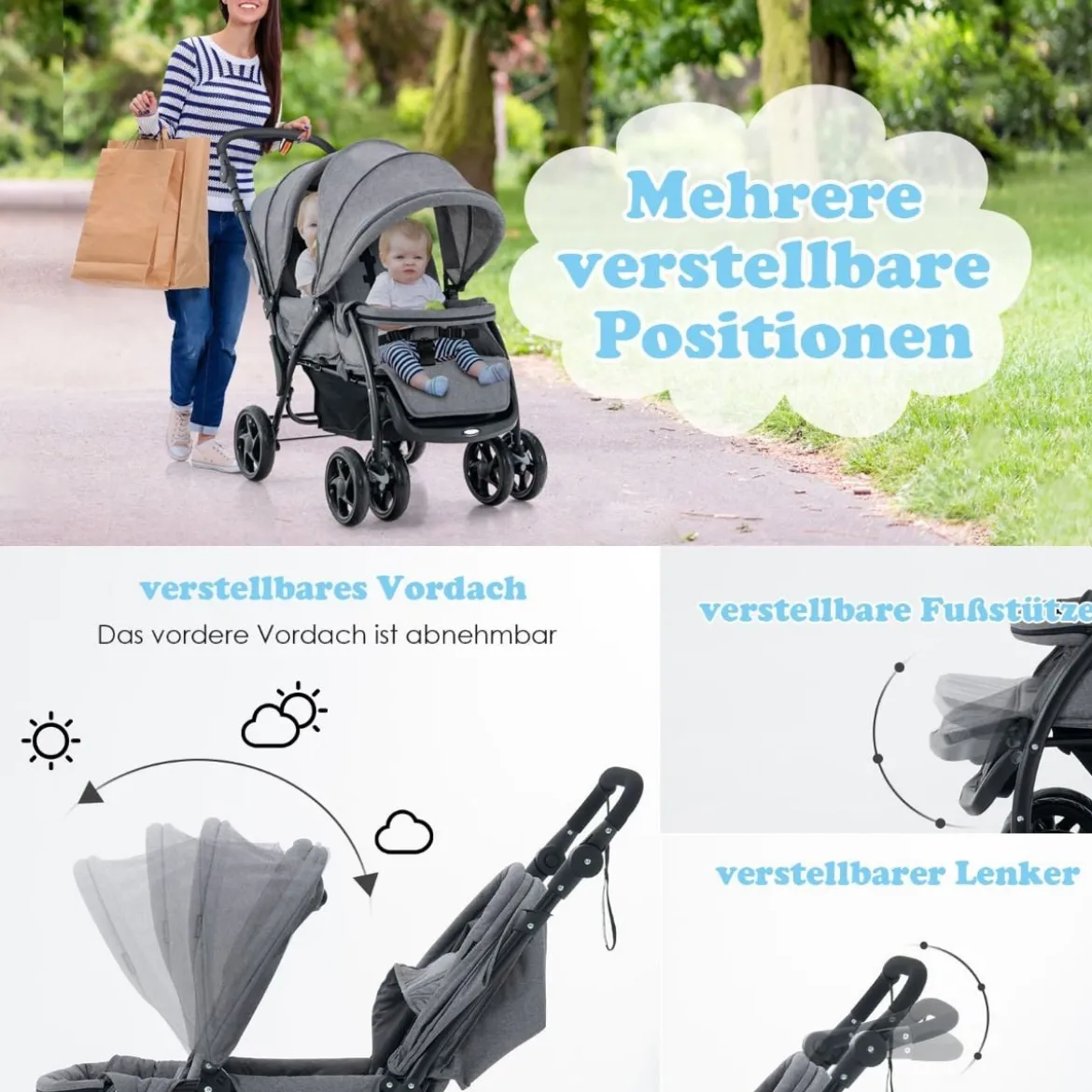 Geschwisterwagen klappbar Zwillingswagen mit verstellbarer Rückenlehne & Verdeck 30 kg Belastbar Schwarz/Grau/Blau