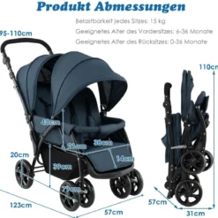 Geschwisterwagen klappbar Zwillingswagen mit verstellbarer Rückenlehne & Verdeck 30 kg Belastbar Schwarz/Grau/Blau