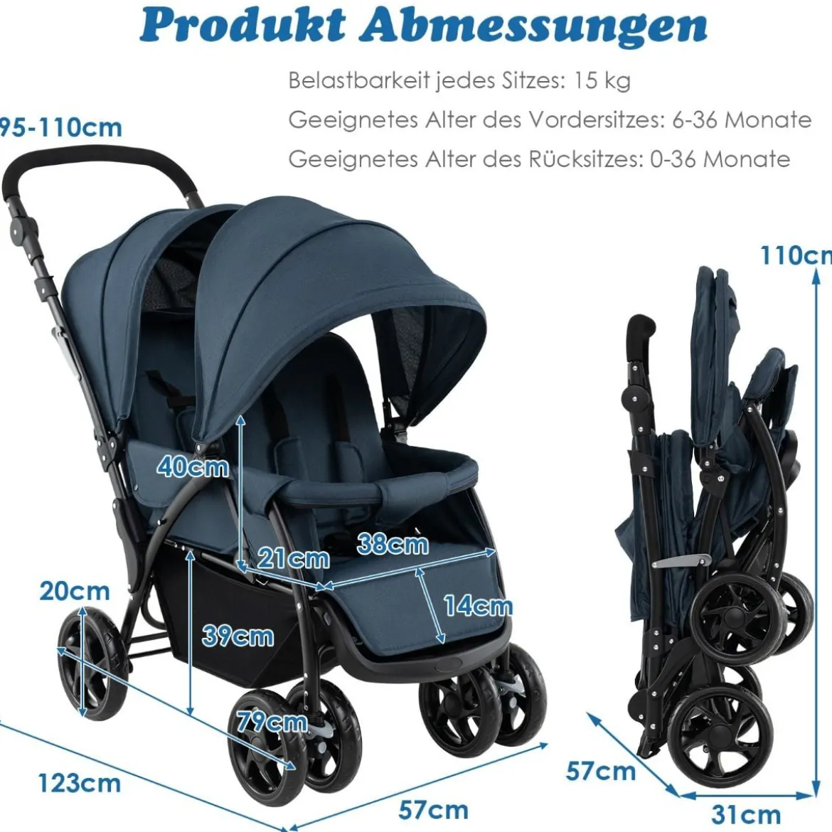 Geschwisterwagen klappbar Zwillingswagen mit verstellbarer Rückenlehne & Verdeck 30 kg Belastbar Schwarz/Grau/Blau