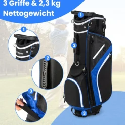 Golftasche mit 14-facher Schlägereinteilung & 6 Taschen & Kühltasche & Regenhaube Blau