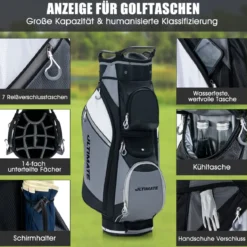 Golftasche mit 14-fach-Unterteilung & Wasserdichter Wertsachentasche Schwarz + Grau