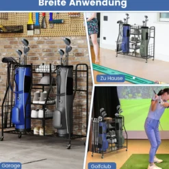 Golftaschen-Organizer Golfregal für Aufbewahrung mit Räder Golf Aufbewahrungsregal für 2 Golftaschen Schwarz