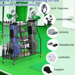 Golftaschen-Organizer Golfregal für Aufbewahrung mit Räder Golf Aufbewahrungsregal für 2 Golftaschen Schwarz