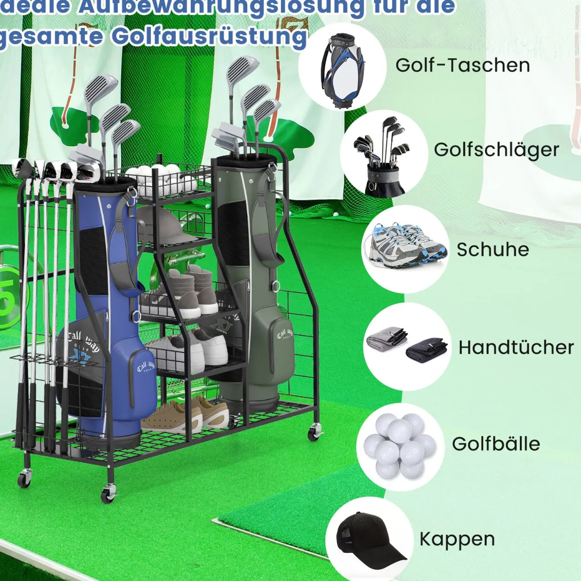Golftaschen-Organizer Golfregal für Aufbewahrung mit Räder Golf Aufbewahrungsregal für 2 Golftaschen Schwarz