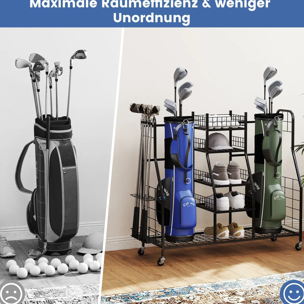 Golftaschen-Organizer Golfregal für Aufbewahrung mit Räder Golf Aufbewahrungsregal für 2 Golftaschen Schwarz