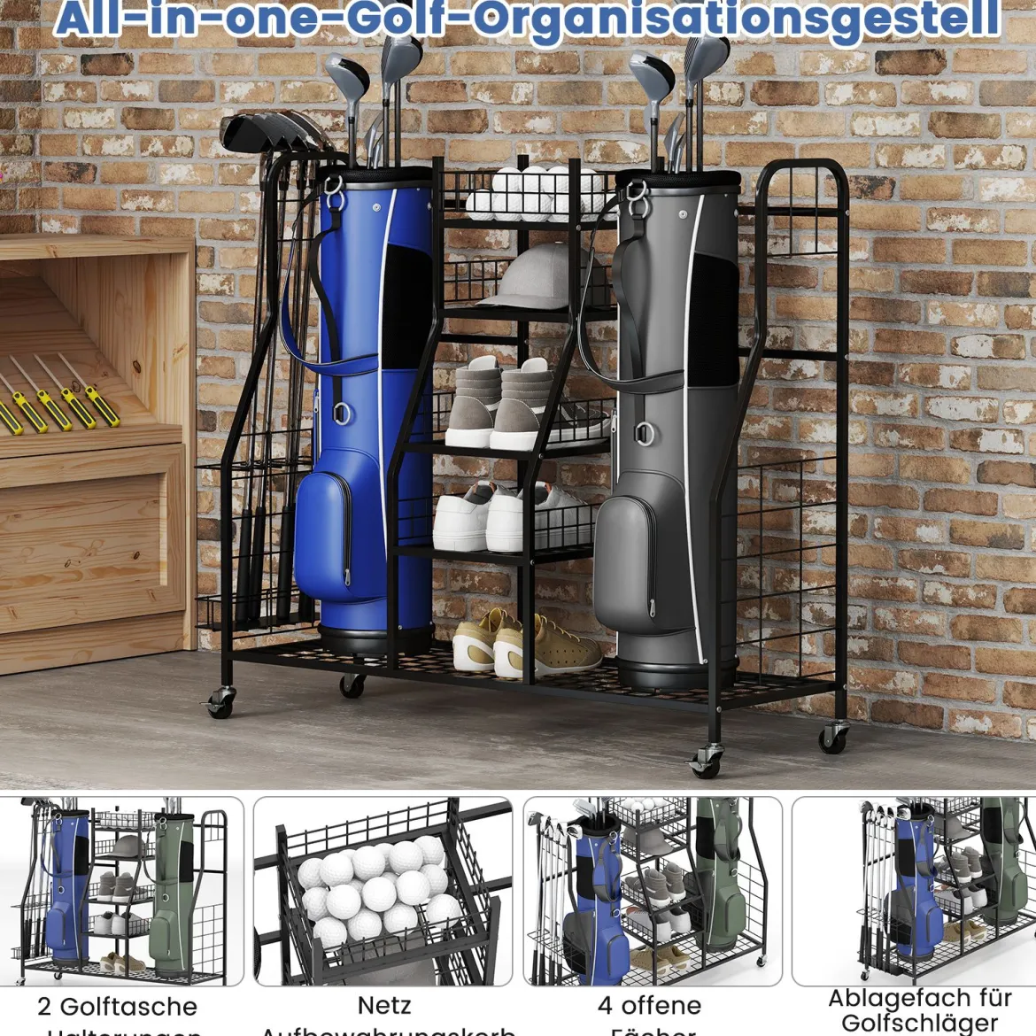 Golftaschen-Organizer Golfregal für Aufbewahrung mit Räder Golf Aufbewahrungsregal für 2 Golftaschen Schwarz