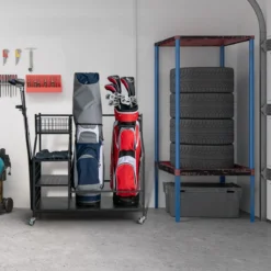 Golftaschenständer für die Garage Wagen für Golfausrüstung Golftaschenregal mit Schlägerhalter