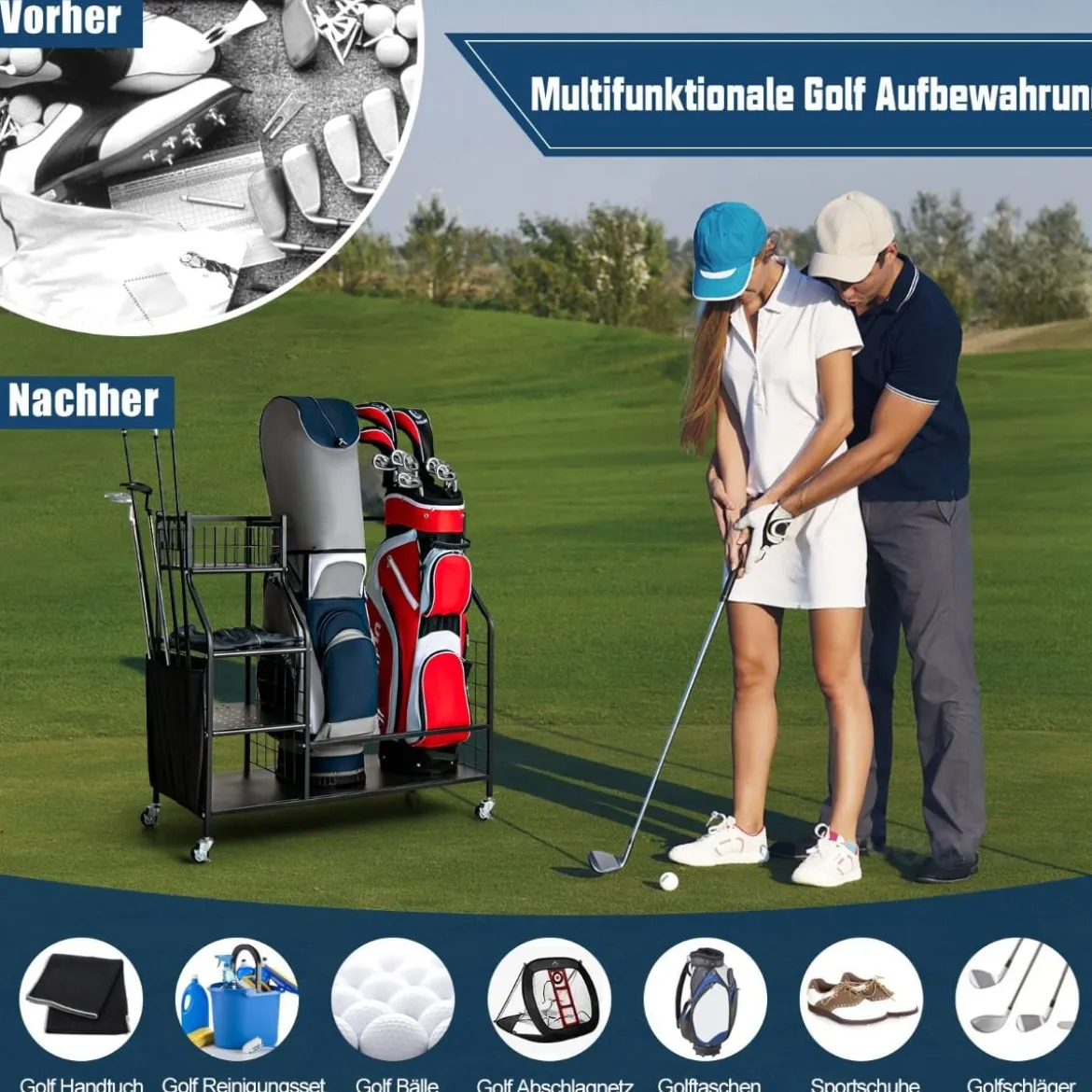 Golftaschenständer für die Garage Wagen für Golfausrüstung Golftaschenregal mit Schlägerhalter