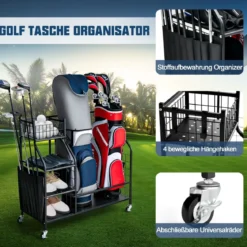 Golftaschenständer für die Garage Wagen für Golfausrüstung Golftaschenregal mit Schlägerhalter