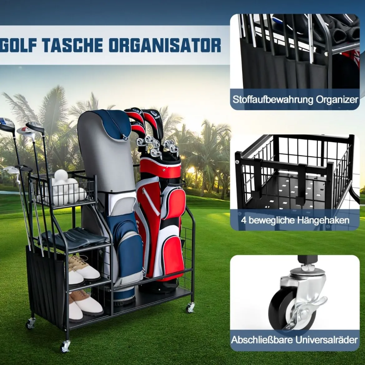 Golftaschenständer für die Garage Wagen für Golfausrüstung Golftaschenregal mit Schlägerhalter
