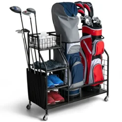 Golftaschenständer für die Garage Wagen für Golfausrüstung Golftaschenregal mit Schlägerhalter