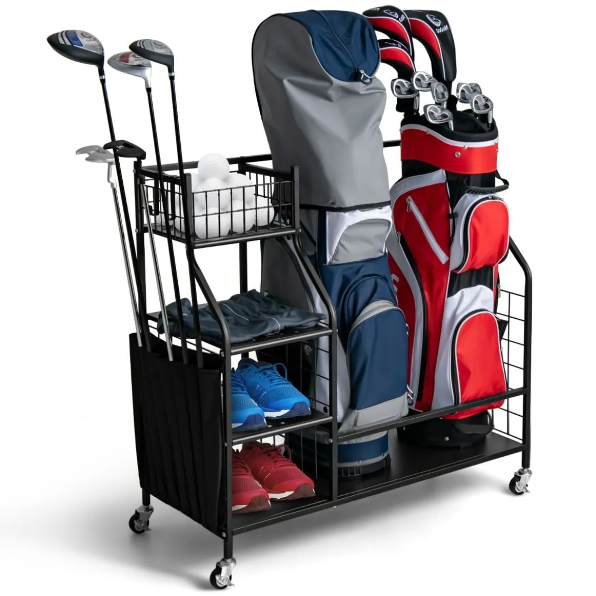Golftaschenständer für die Garage Wagen für Golfausrüstung Golftaschenregal mit Schlägerhalter