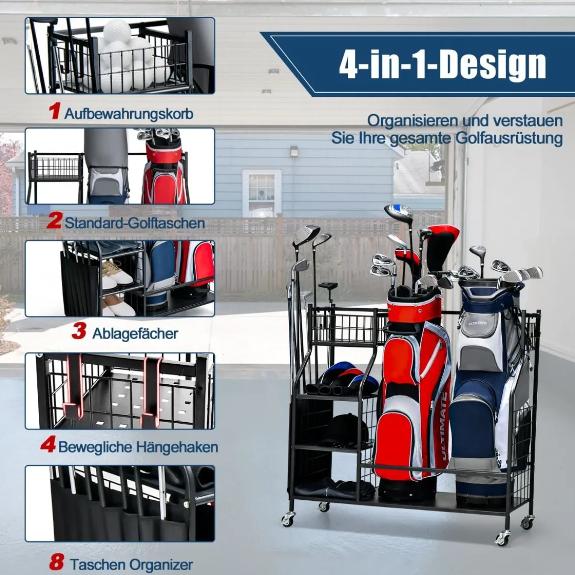 Golftaschenständer für die Garage Wagen für Golfausrüstung Golftaschenregal mit Schlägerhalter