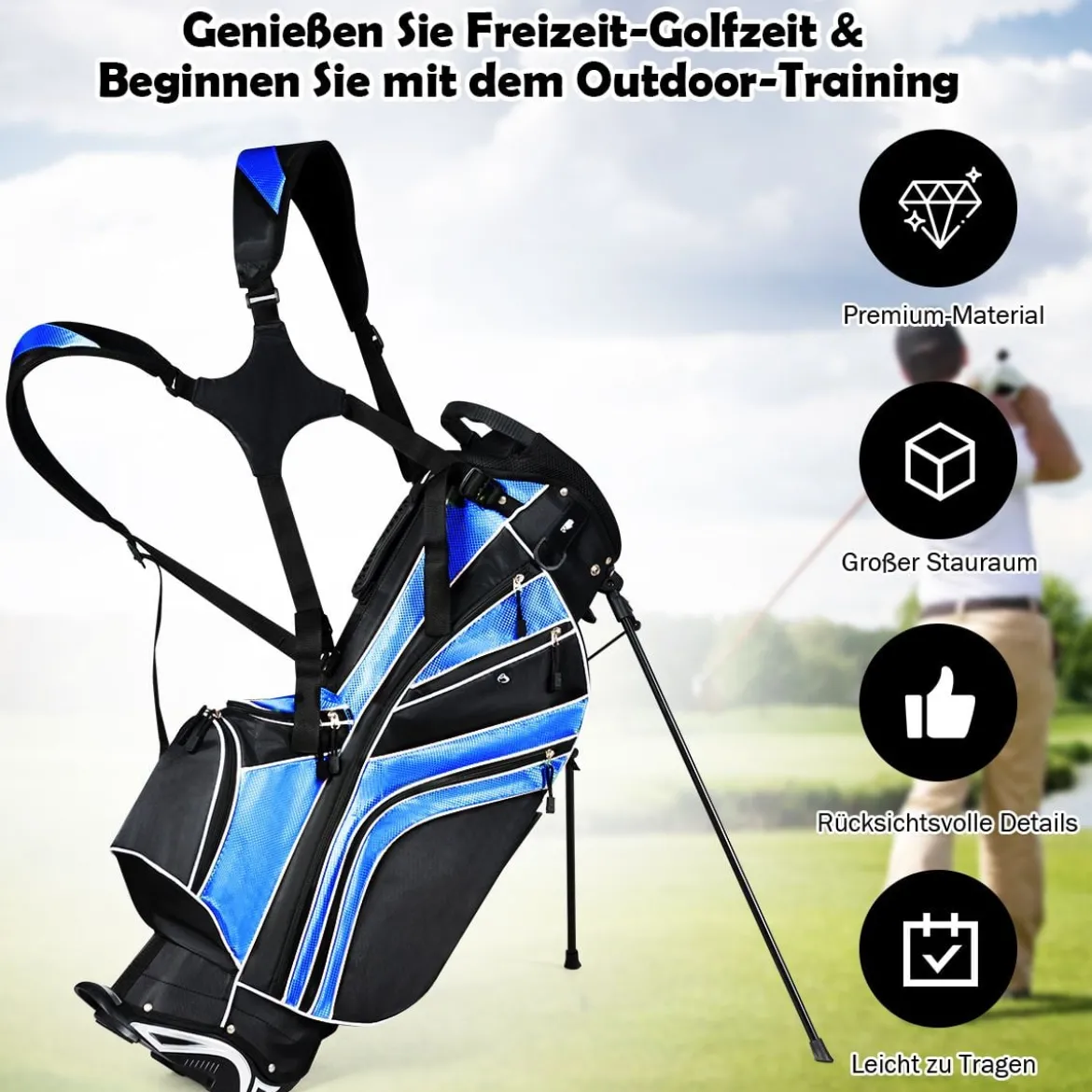 Golfwagentasche mit Ständer und Regenschirmhalter 87 x 82 x 87 cm Schwarz+Blau