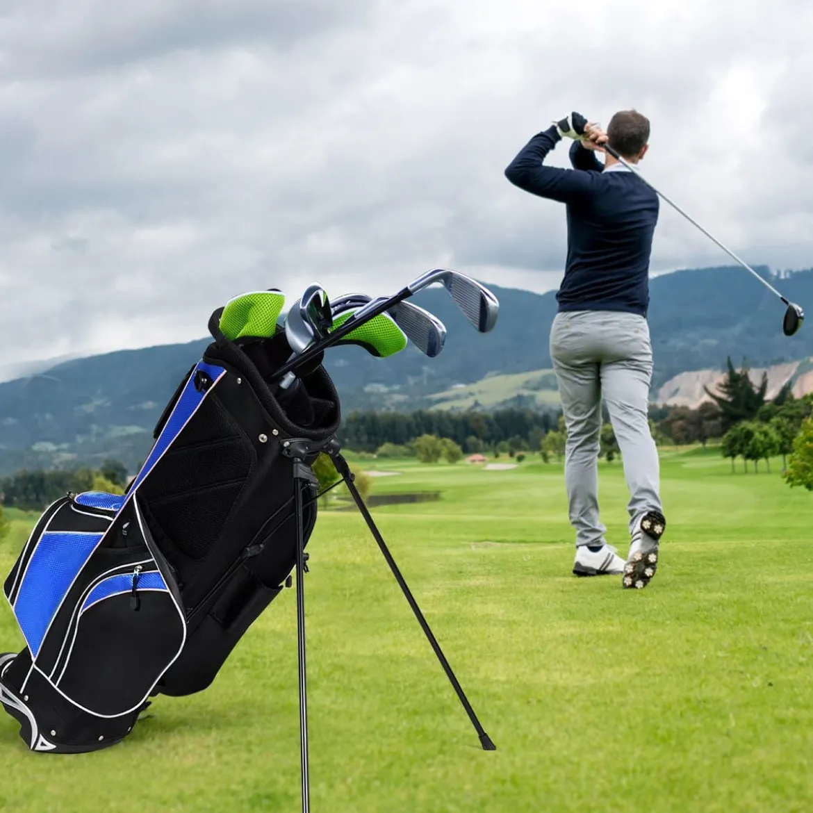 Golfwagentasche mit Ständer und Regenschirmhalter 87 x 82 x 87 cm Schwarz+Blau