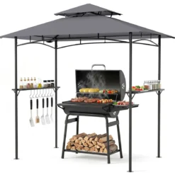 Grillpavillon Grillüberdachung mit Doppeldach Gartenlaube mit 2 Metall-Seitenregalen Grau