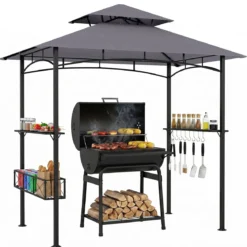 Grillpavillon Grillunterstand mit Sonnenschutz & Doppeldach BBQ Pavillon mit Korb 245 x 149 x 248 cm Grau