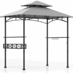 Grillpavillon Grillunterstand mit Sonnenschutz & Doppeldach BBQ Pavillon mit Korb 245 x 149 x 248 cm Grau